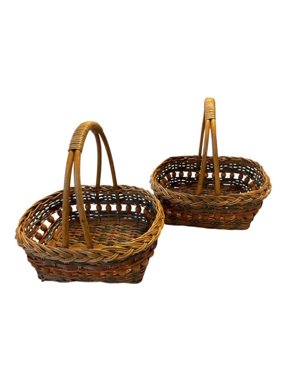 Vintage Philippine Style Rattan Gathering Baskets Pair Wood Bead Wicker 12"